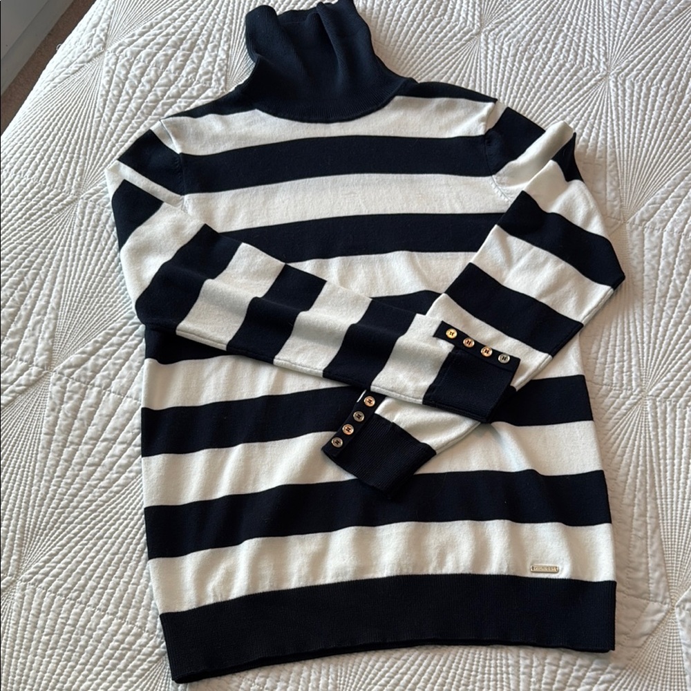 Tommy Hilfiger Navy and White Striped Turtleneck Sweater